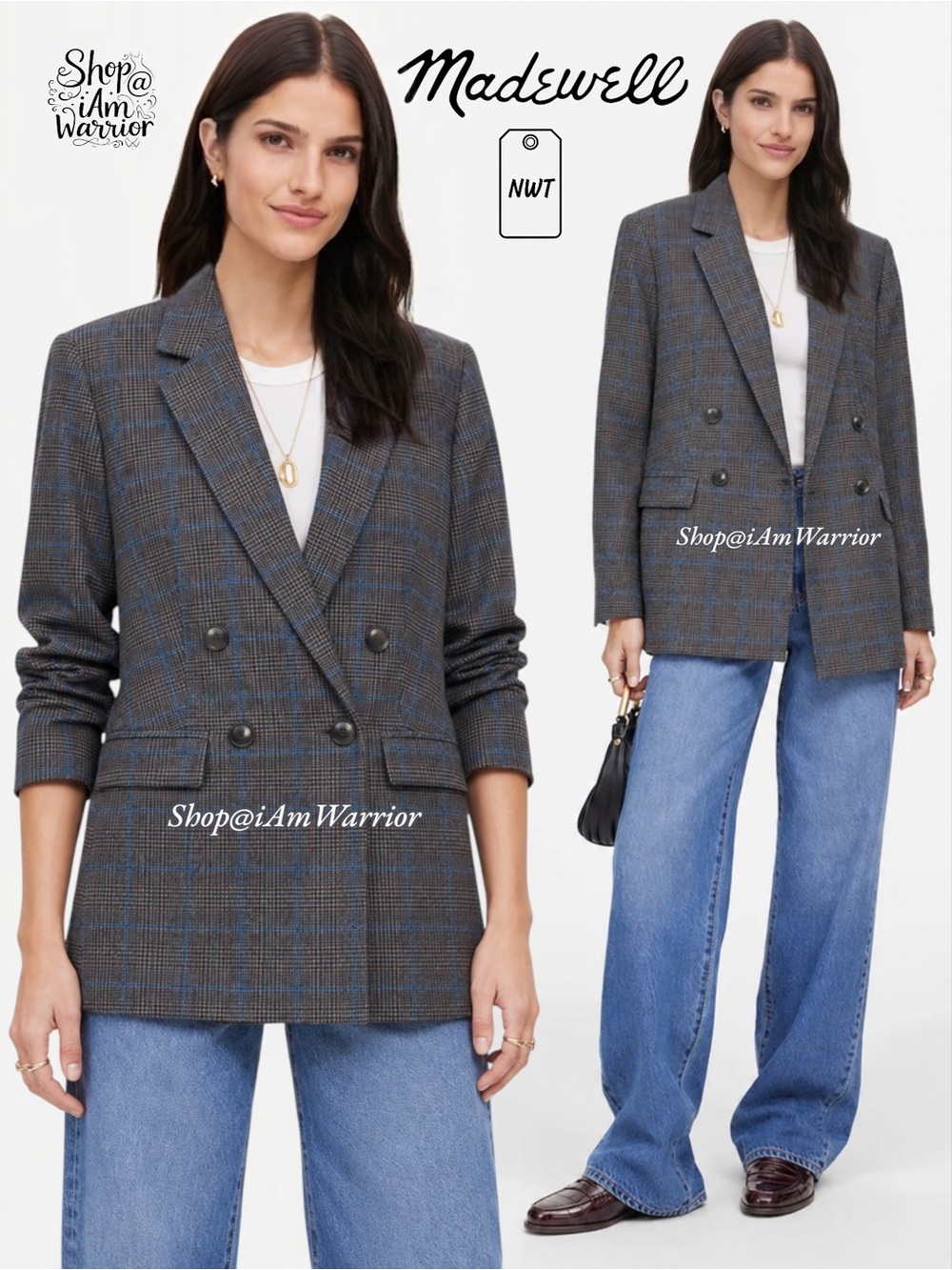 Madewell NWT Italian Wool Glen Plaid Double Breasted Oversized Blazer